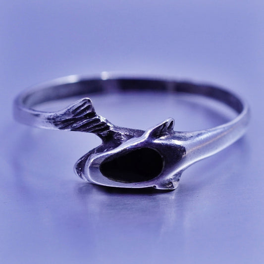 Size 8, vintage modern Sterling 925 silver handmade dolphin ring with obsidian