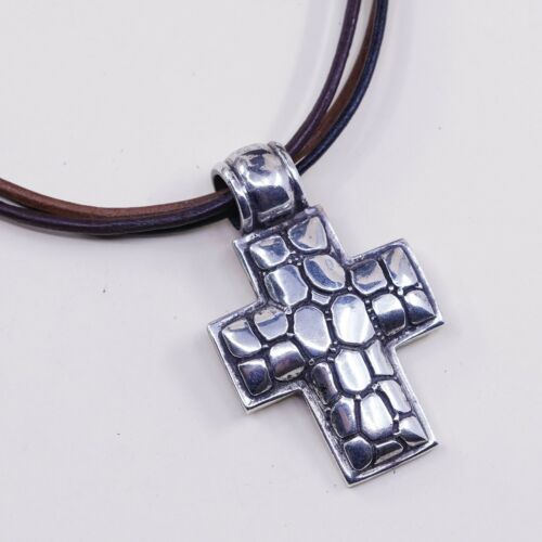 16”, Vtg Sterling 925 Silver Handmade Cross Pendant W/ BROWN Leather Necklace