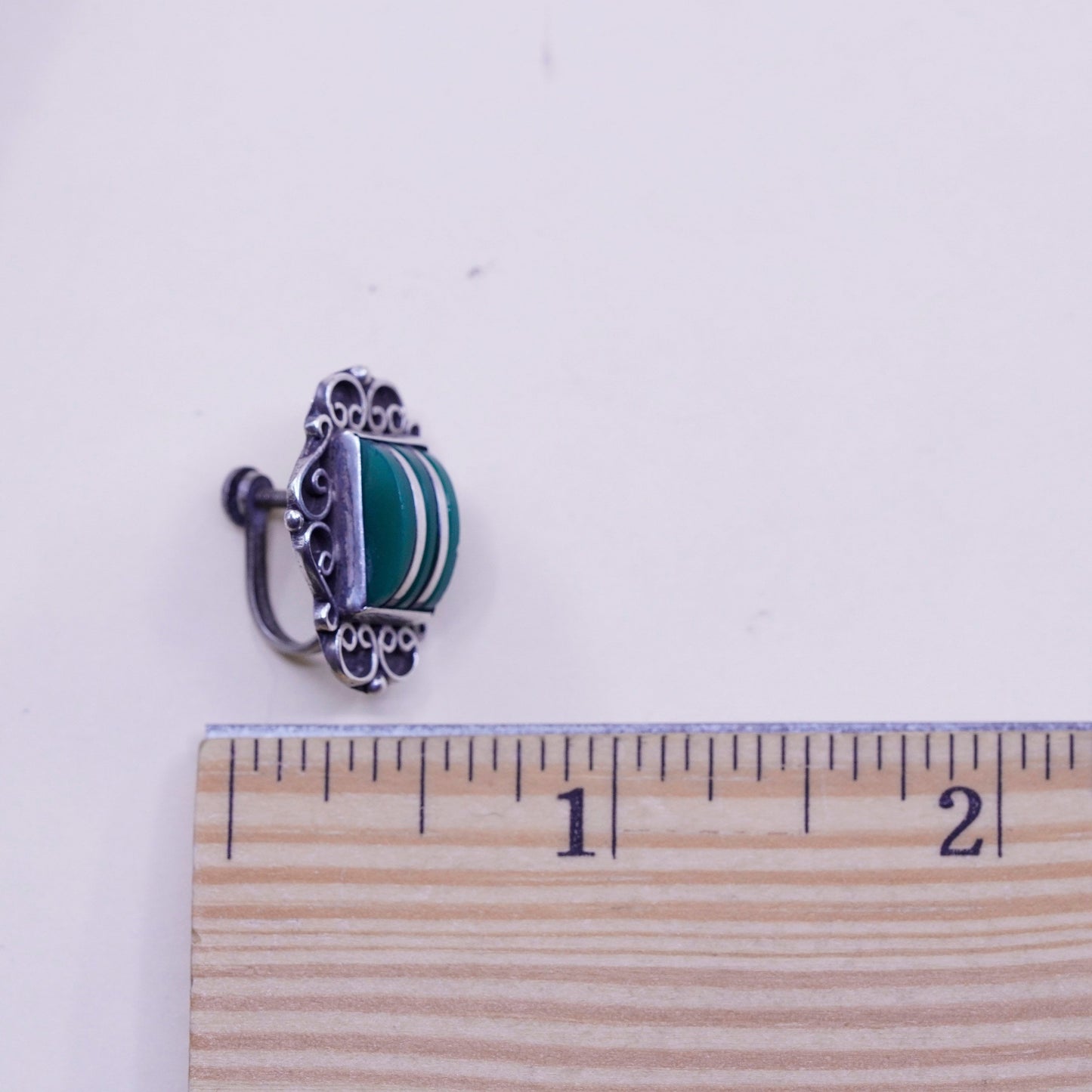 Vintage sterling 925 silver handmade screw back earrings with jade inlay