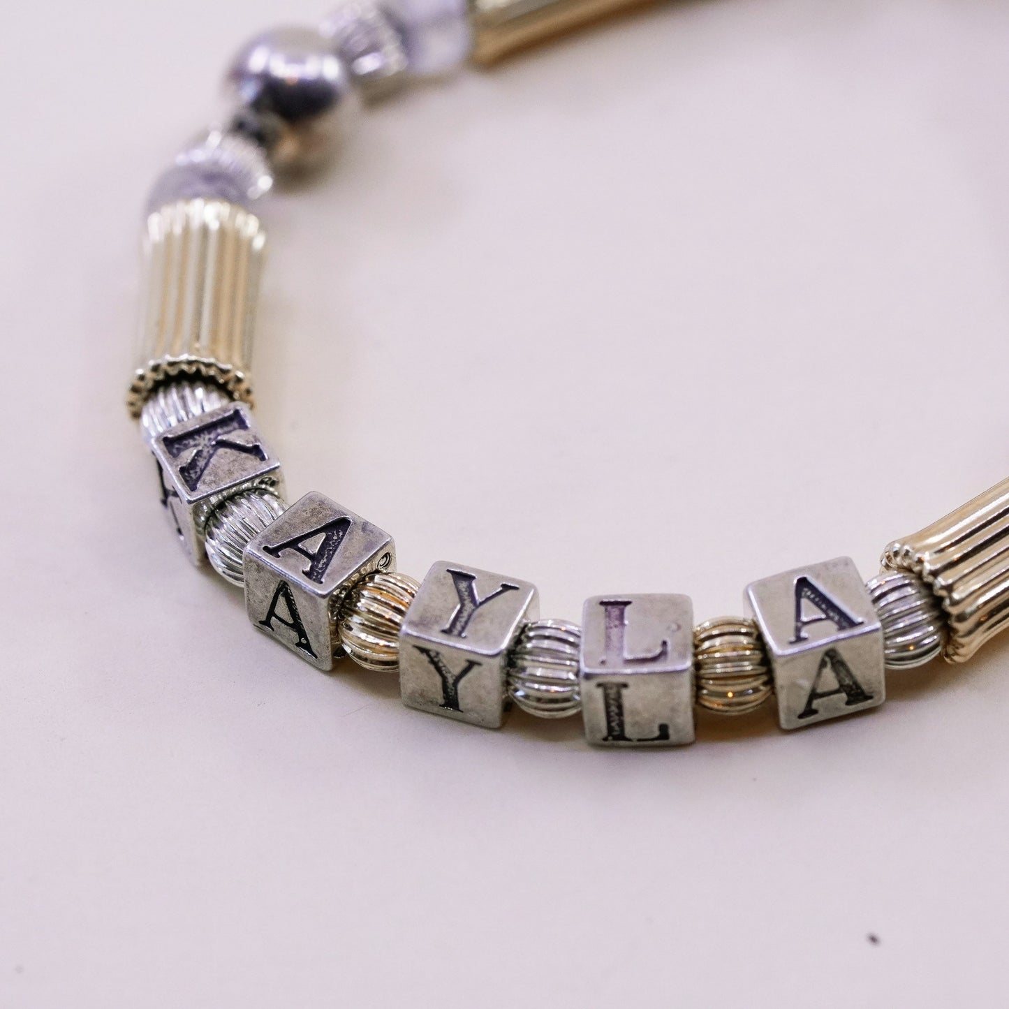 6.25”, 14K gold beads with Sterling 925 Silver bracelet name “Kayla Blake Casdy