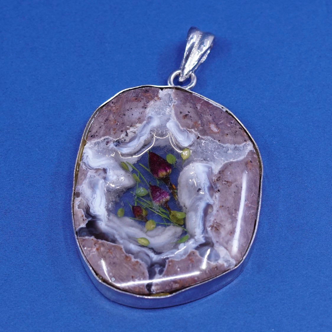 vtg Sterling silver handmade pendant, 925 pendant w/ agate N resin flower