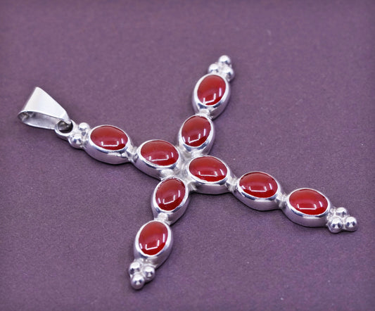 Vintage Sterling silver handmade pendant, huge 925 cross with carnelian