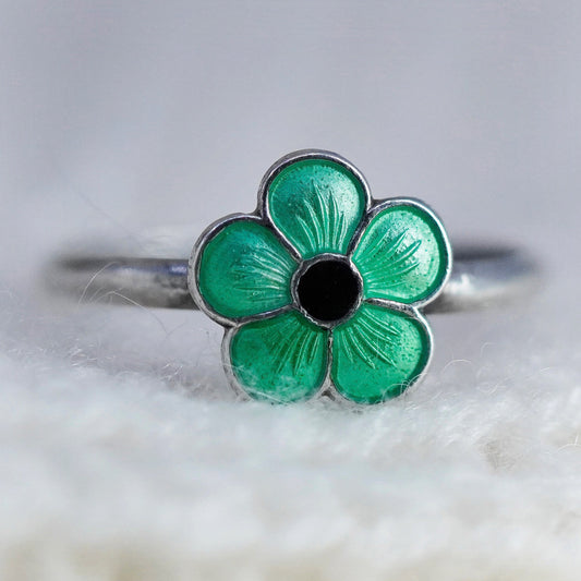 Size 4.75, Denmark Meka Sterling 925 silver handmade green enamel flower ring
