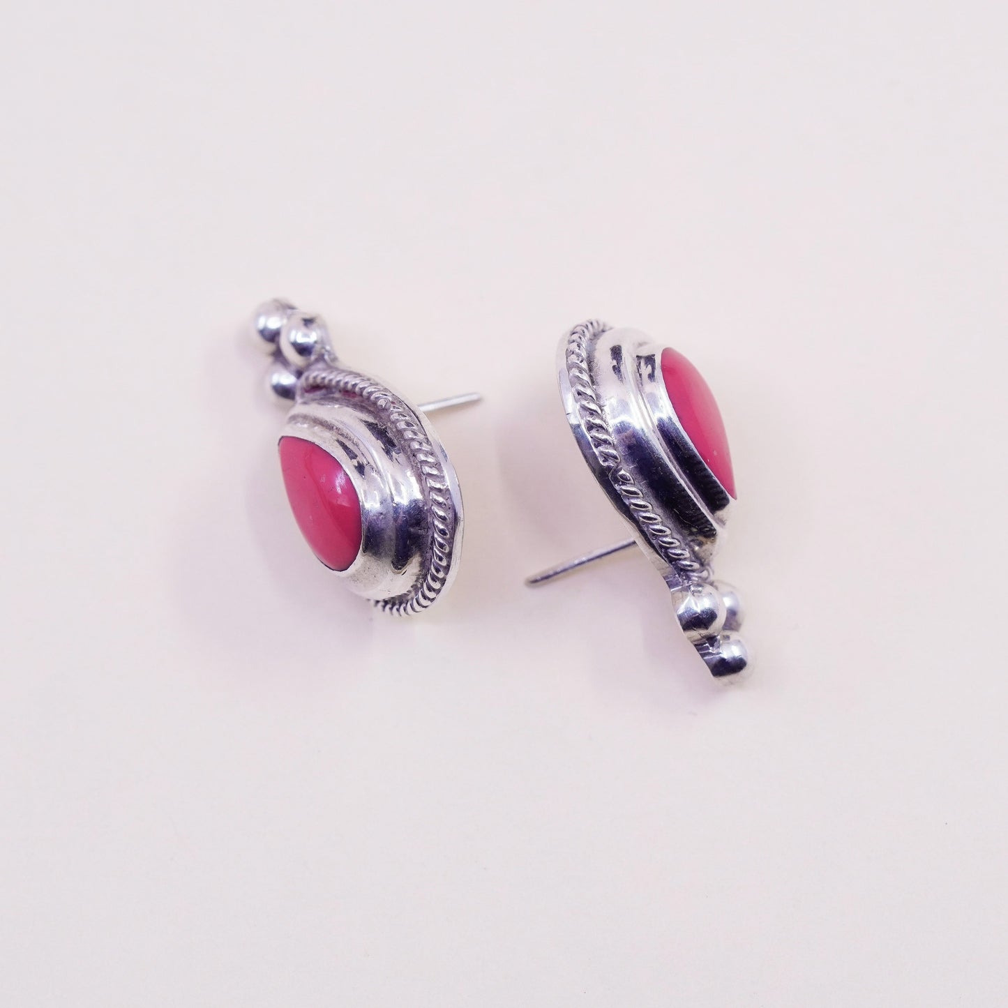 vintage Mexico handmade Sterling silver studs, 925 teardrop earrings pink onyx