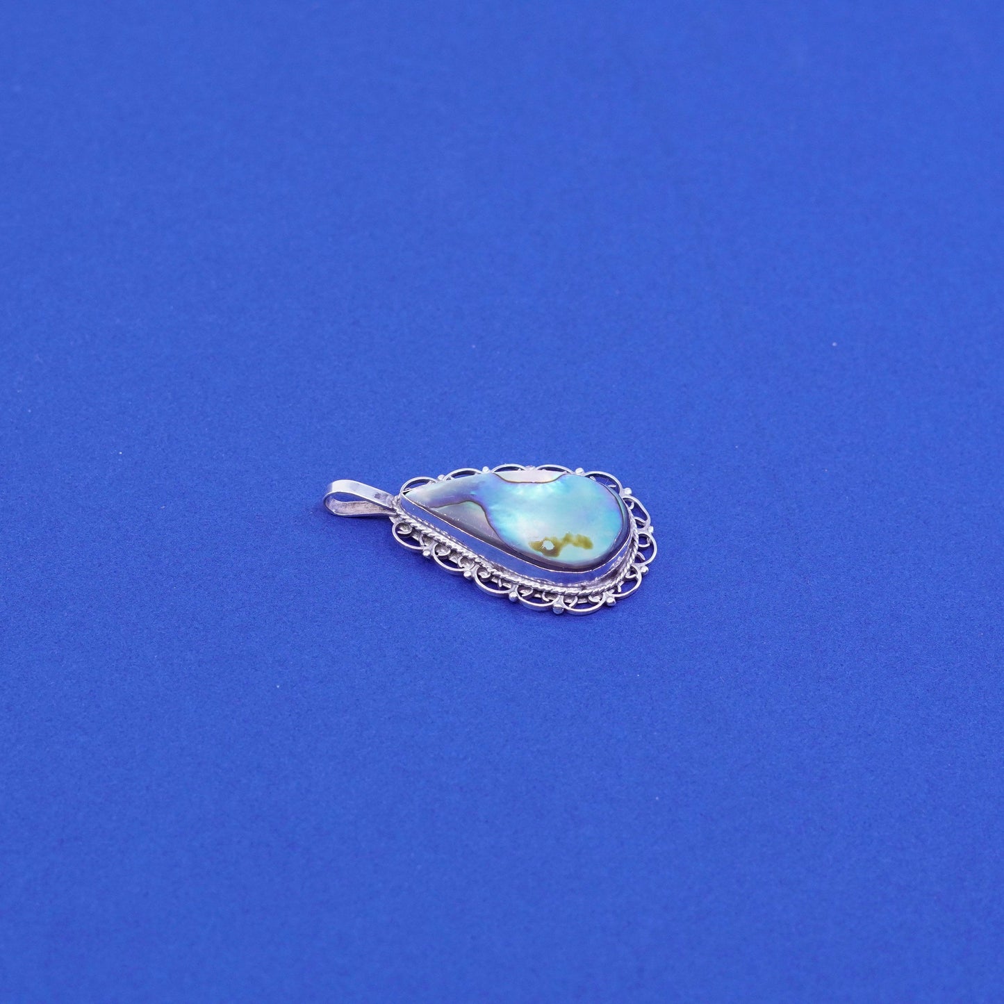 Vintage Sterling silver handmade pendant, 925 teardrop with abalone inlay