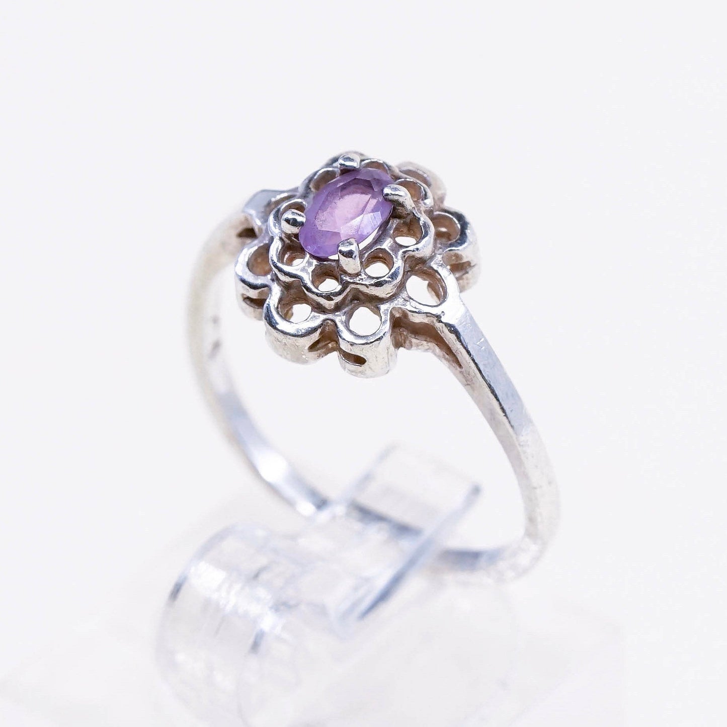 Size 6, vintage Sterling 925 silver handmade crown ring with amethyst