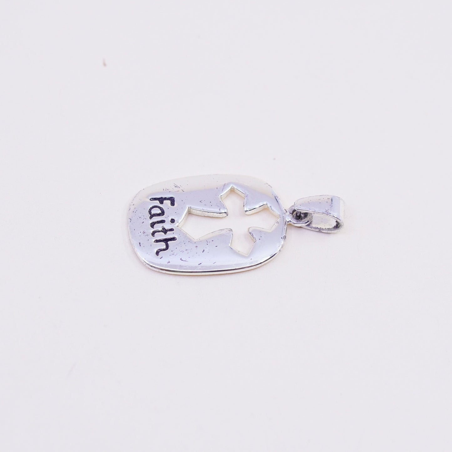 Vintage handmade Sterling silver pendant, 925 tag with cross cut out “faith