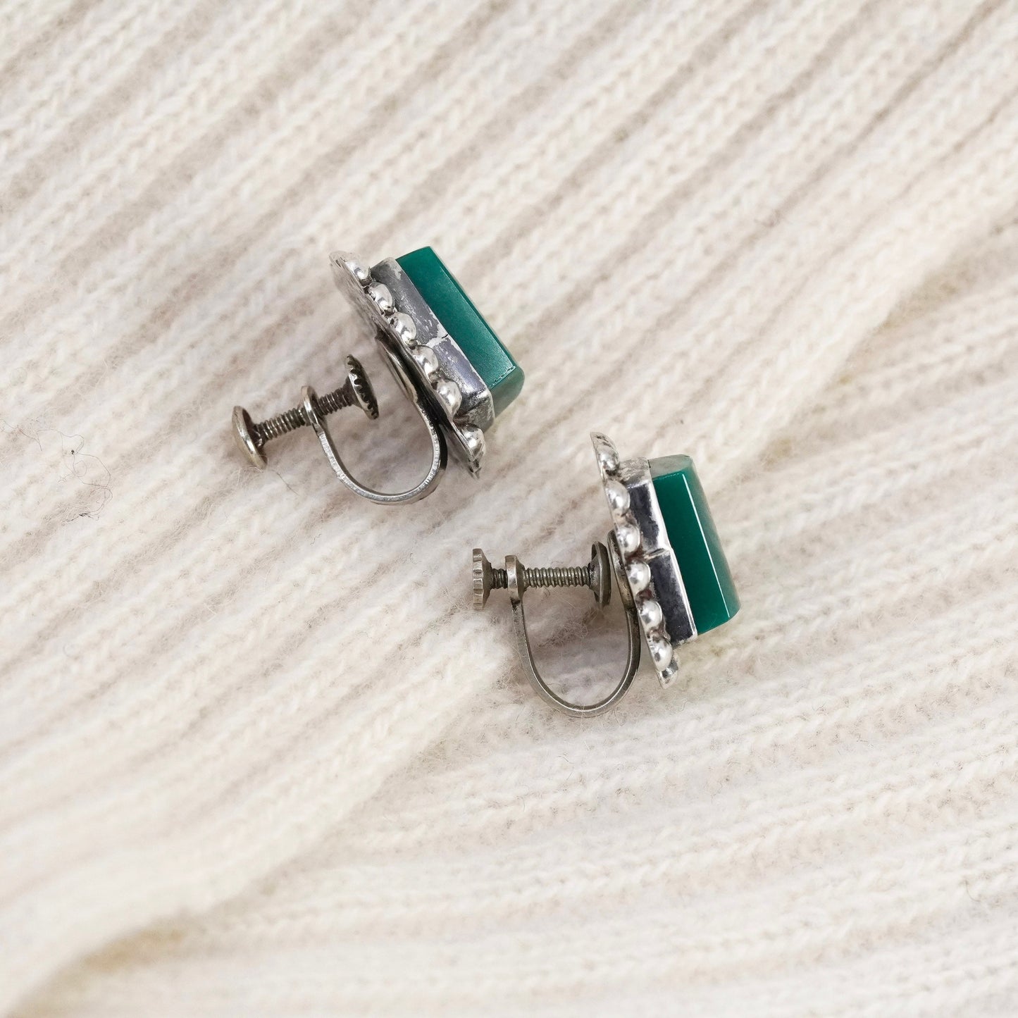 Vintage sterling 925 silver handmade screw back earrings with jade inlay