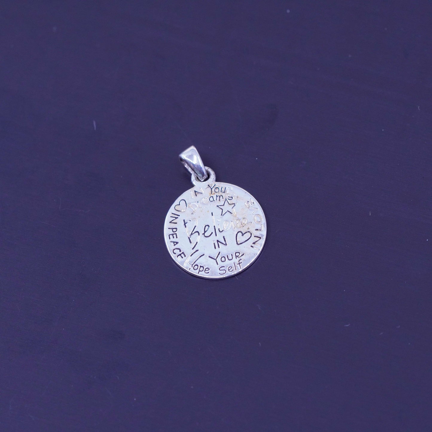 Antique Sterling silver charm, 925 circle tag embossed “believe in yourself