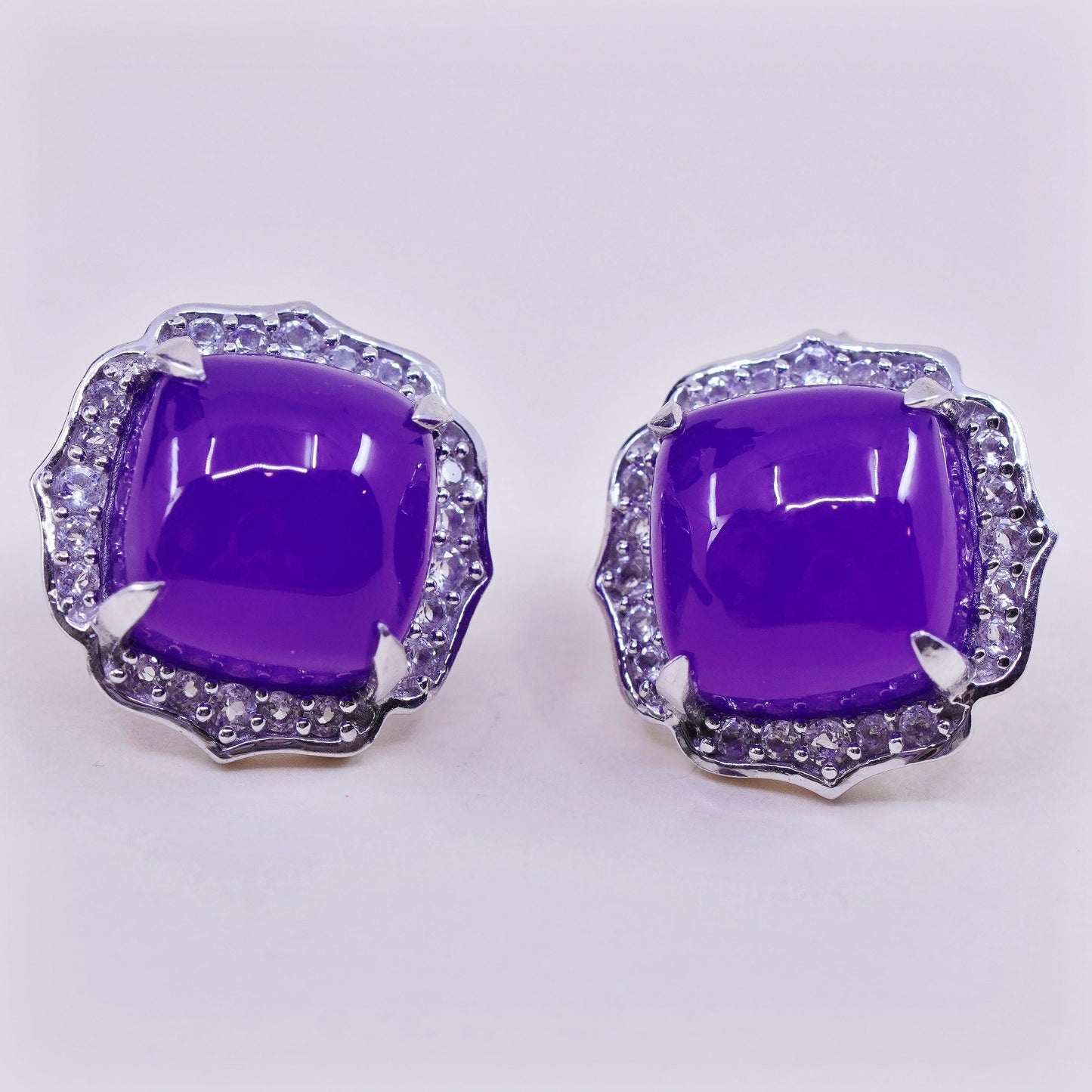 Vintage sterling silver handmade earrings, 925 studs with amethyst and diamond