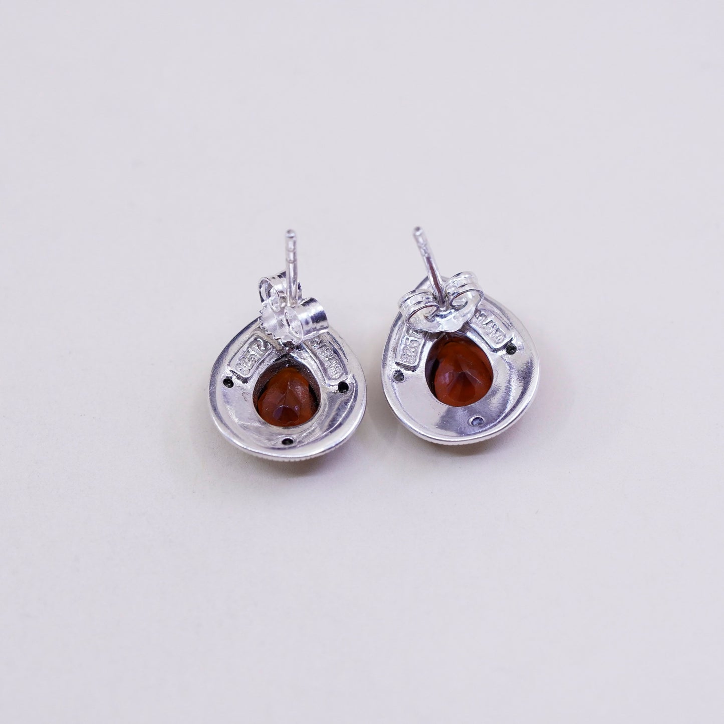 Sterling silver handmade earrings, 925 studs with teardrop ruby and Marcasite