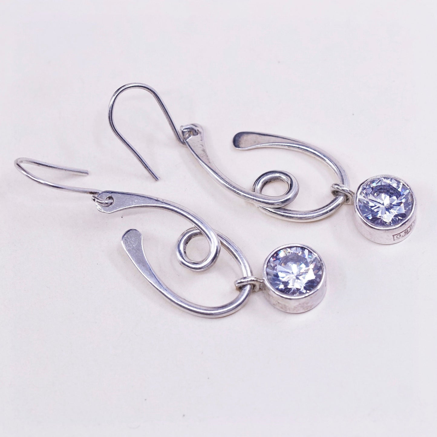 Vintage sterling silver handmade earrings, 925 swirl with round CZ