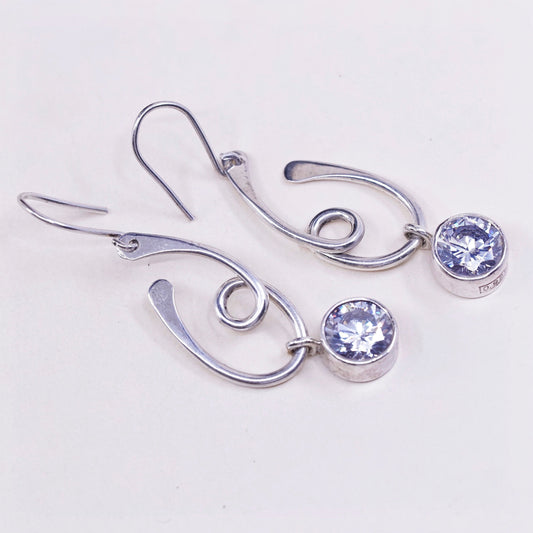 Vintage sterling silver handmade earrings, 925 swirl with round CZ