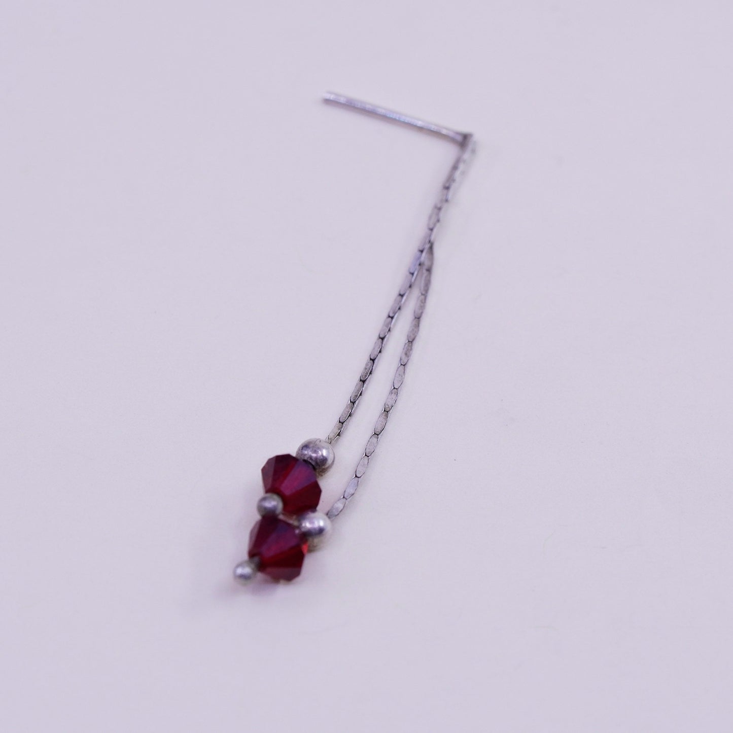 Vintage sterling silver handmade earrings, 925 fringe with ruby crystal beads