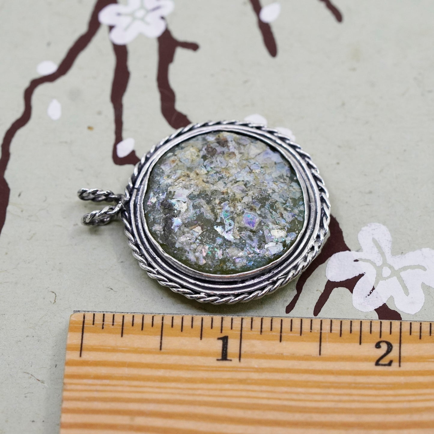 Vintage sterling silver handmade pendant, round Big Roman glass charm