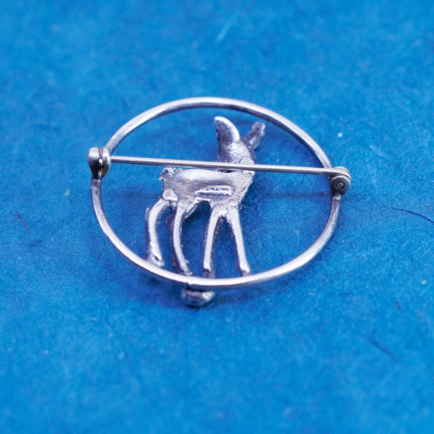 Vintage Sterling silver handmade brooch, 925 circle pin with baby deer