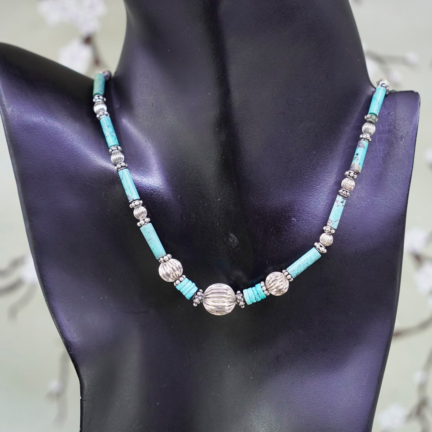 18”, Native American Navajo Sterling necklace, 925 silver beads turquoise tubes