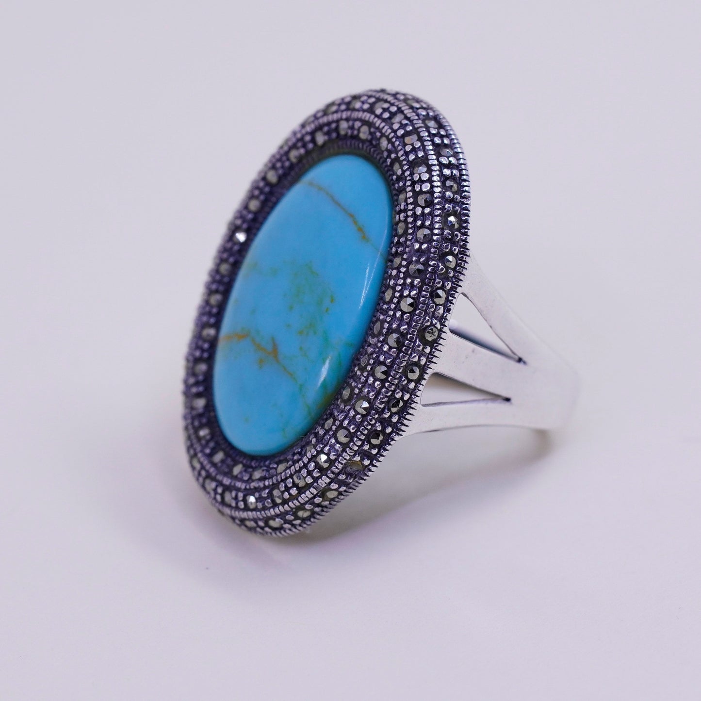 sz 6.5, sterling silver Native American handmade 925 ring turquoise marcasite