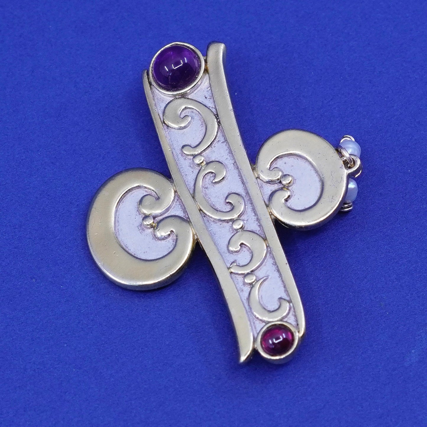 RW gold filled sterling silver swirly wavy brooch, 925 pin garnet pearl charms