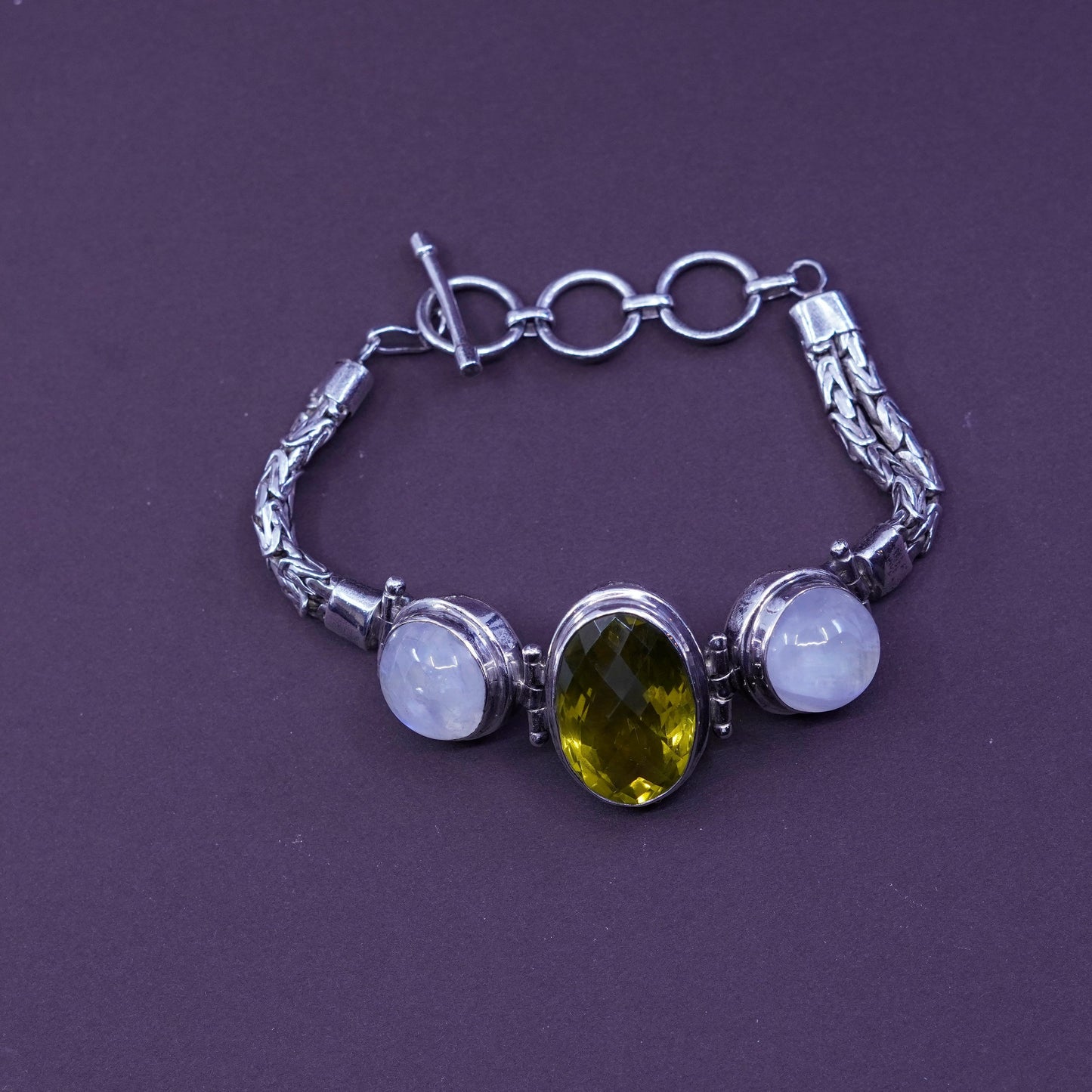 7+1”, Sterling silver bracelet, 925 Byzantine birdcage chain moonstone peridot