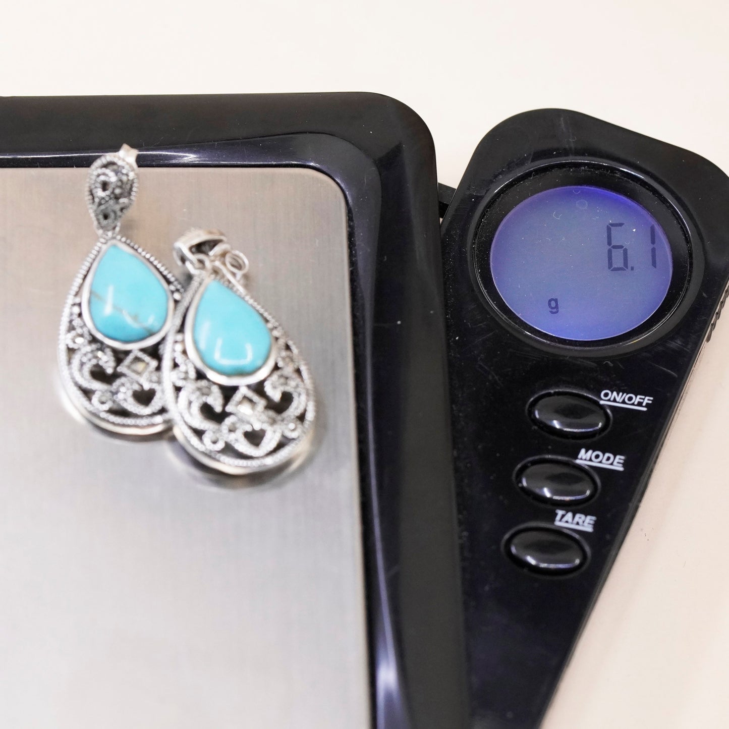 Vintage Sterling 925 silver handmade earrings with teardrop turquoise marcasite