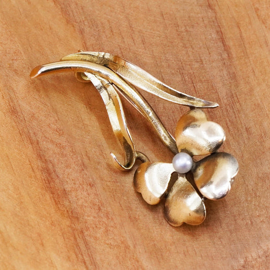 1.7g, vintage solid 14K yellow gold handmade brooch, flower pin with pearl