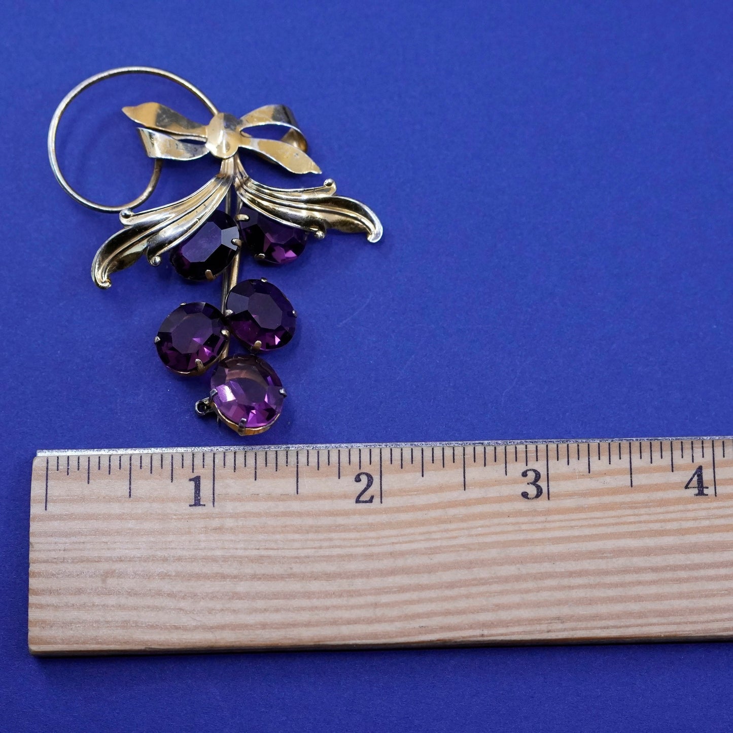 vermeil gold filled Sterling silver handmade brooch, 925 grapes pin Rhinestone