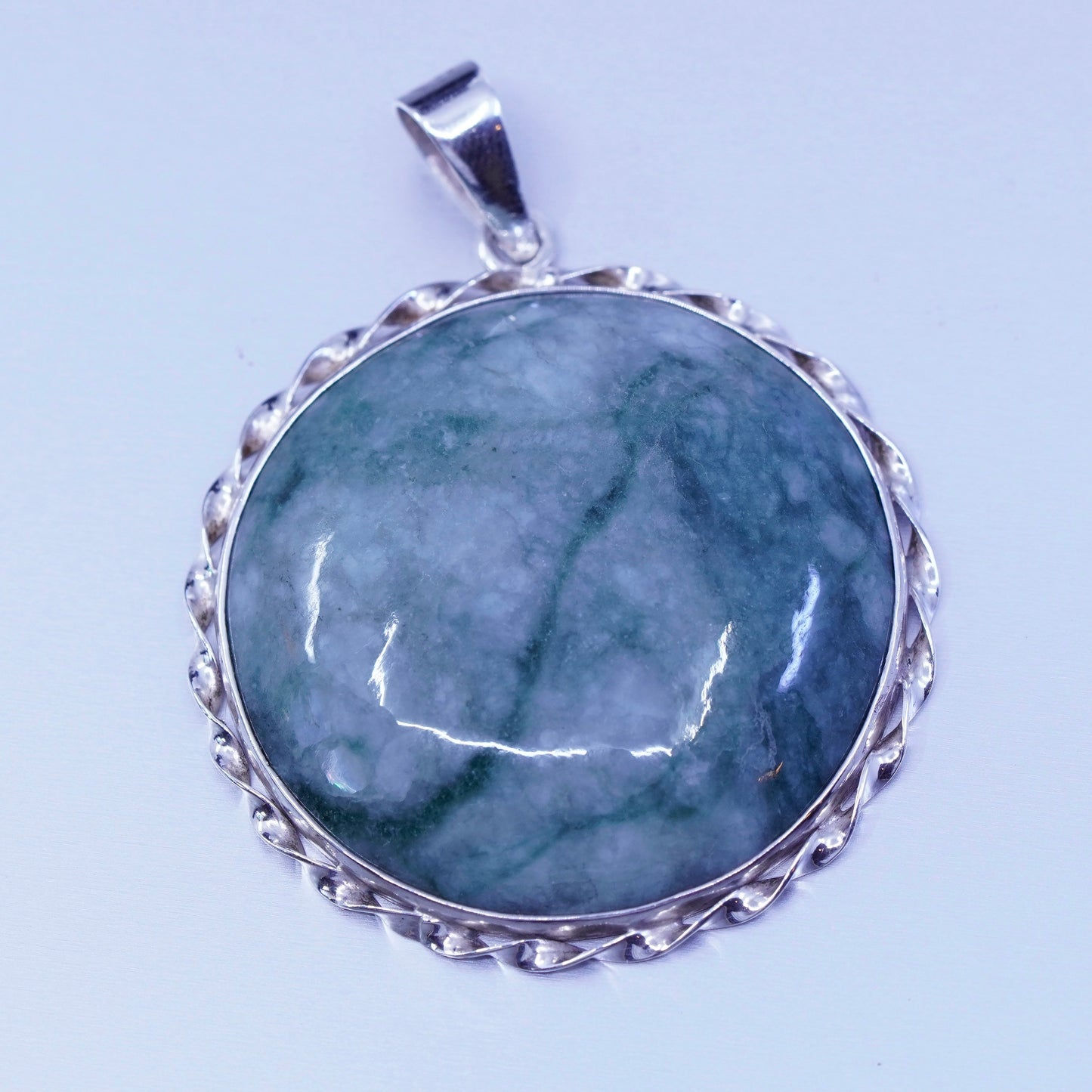 antique sterling 925 silver handmade round pendant green jade phenix temple