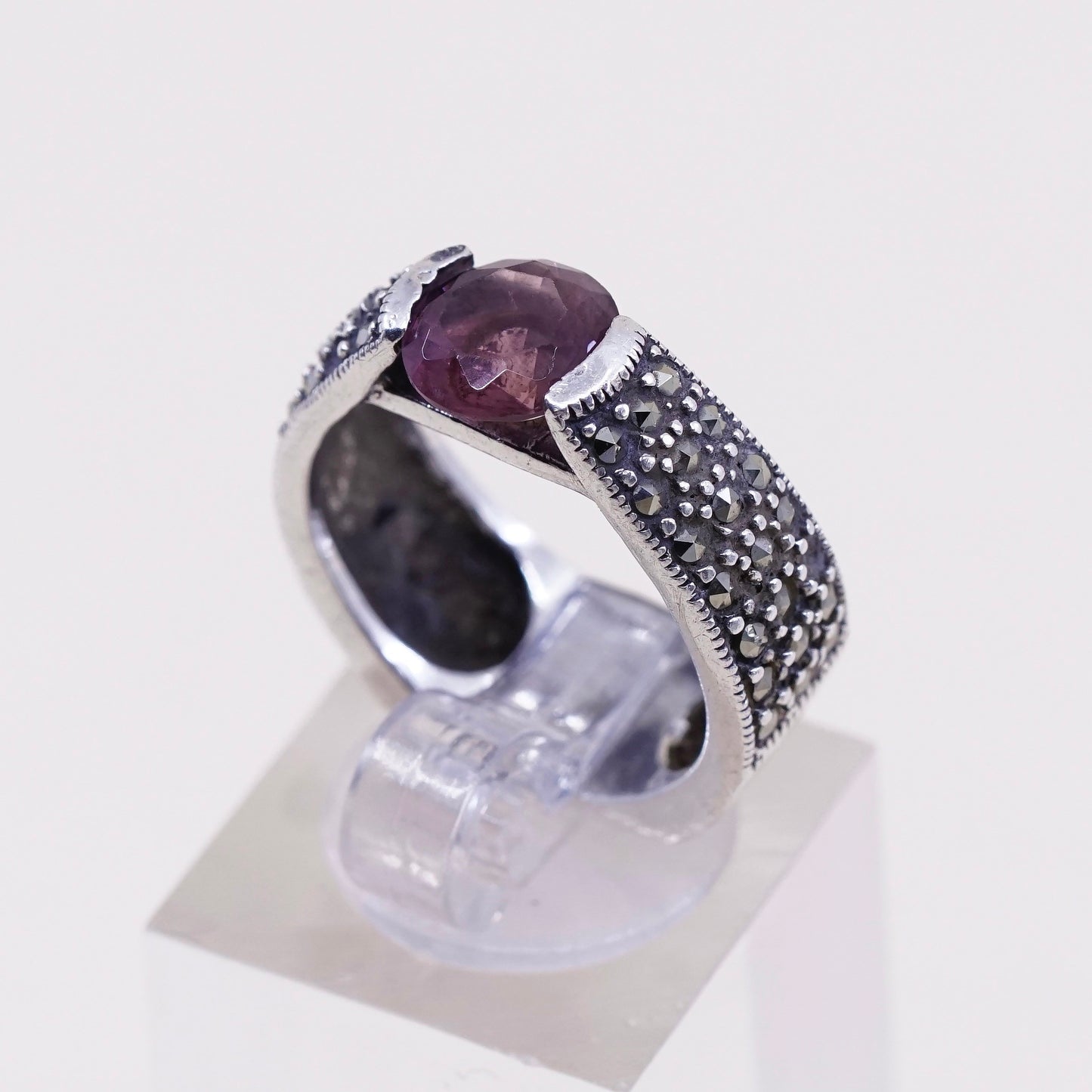 sz 5.5, Vintage sterling 925 silver handmade ring with amethyst and marcasite