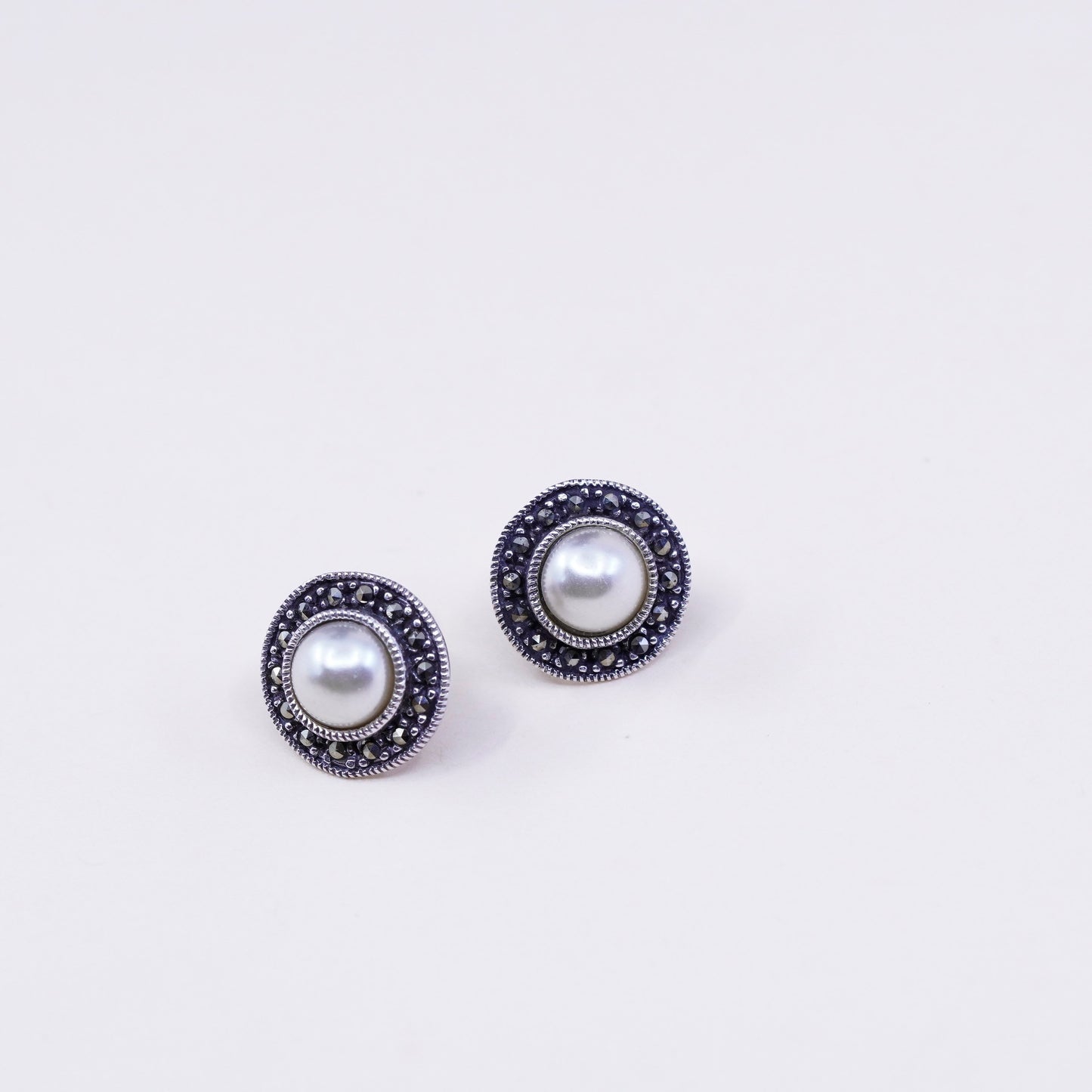 Vintage sterling silver earrings, 925 square studs with pearl and marcasite