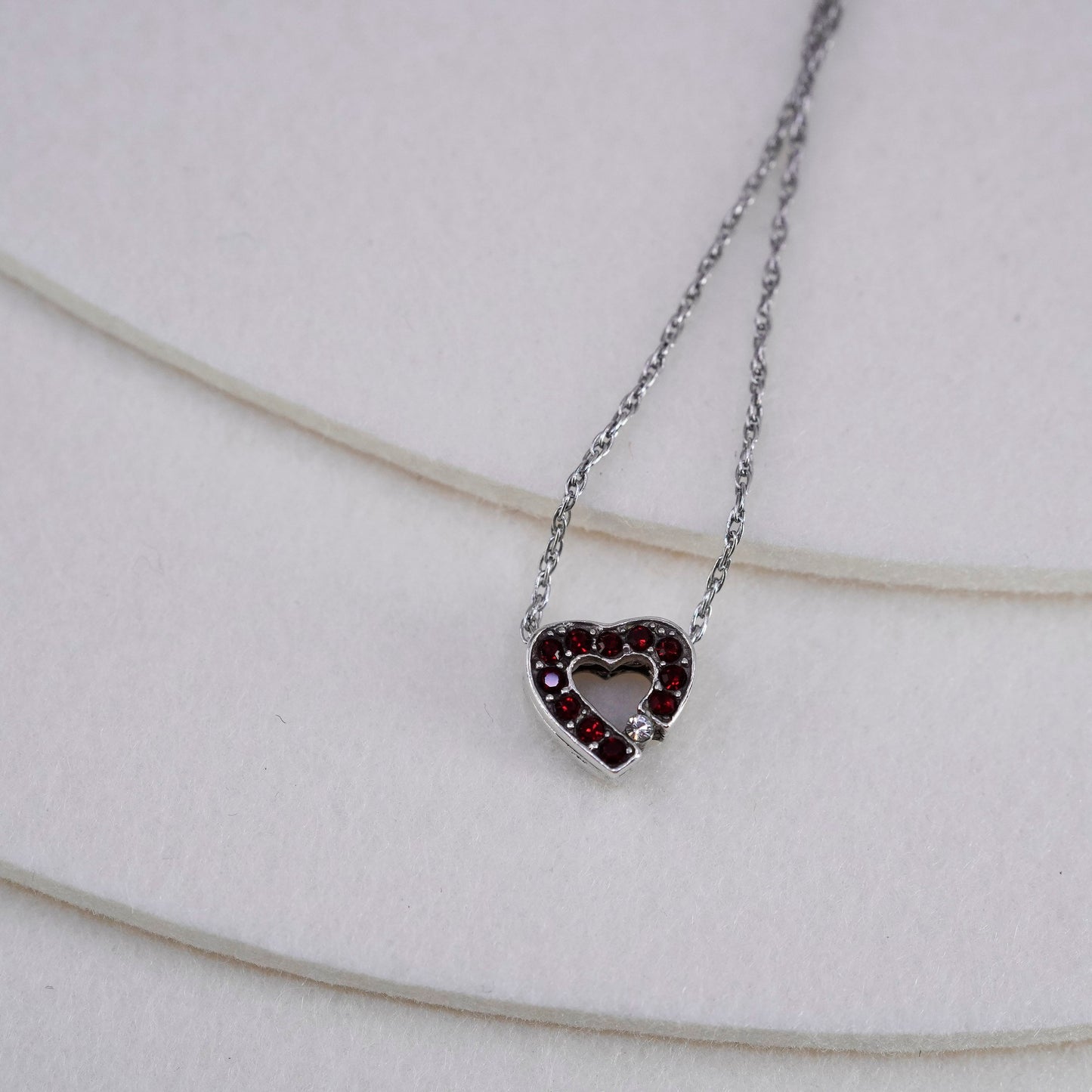 16”, Sterling 925 silver Singapore rope necklace with ruby cz heart pendant