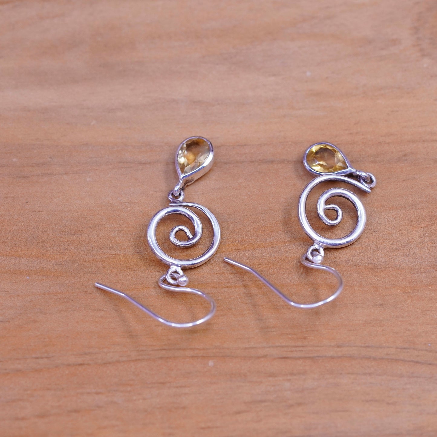 vtg sterling silver handmade earrings, 925 swirly drops with teardrop citrine