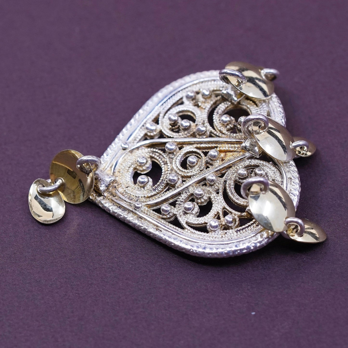 vtg OH Sterling silver handmade charm, 925 filigree heart pendant w/ disc