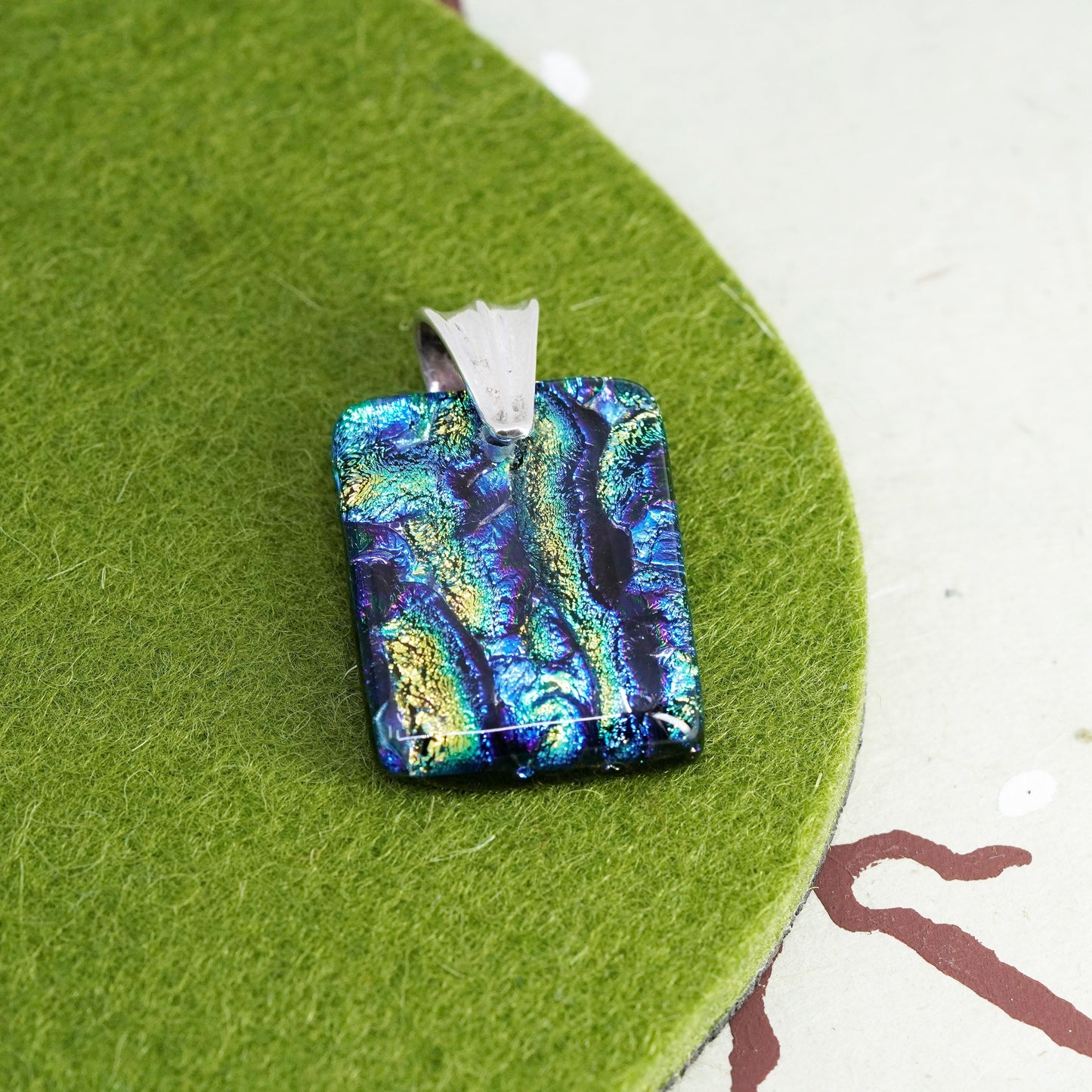 vtg sterling silver handmade artisan glass pendant, square dichroic glass charm