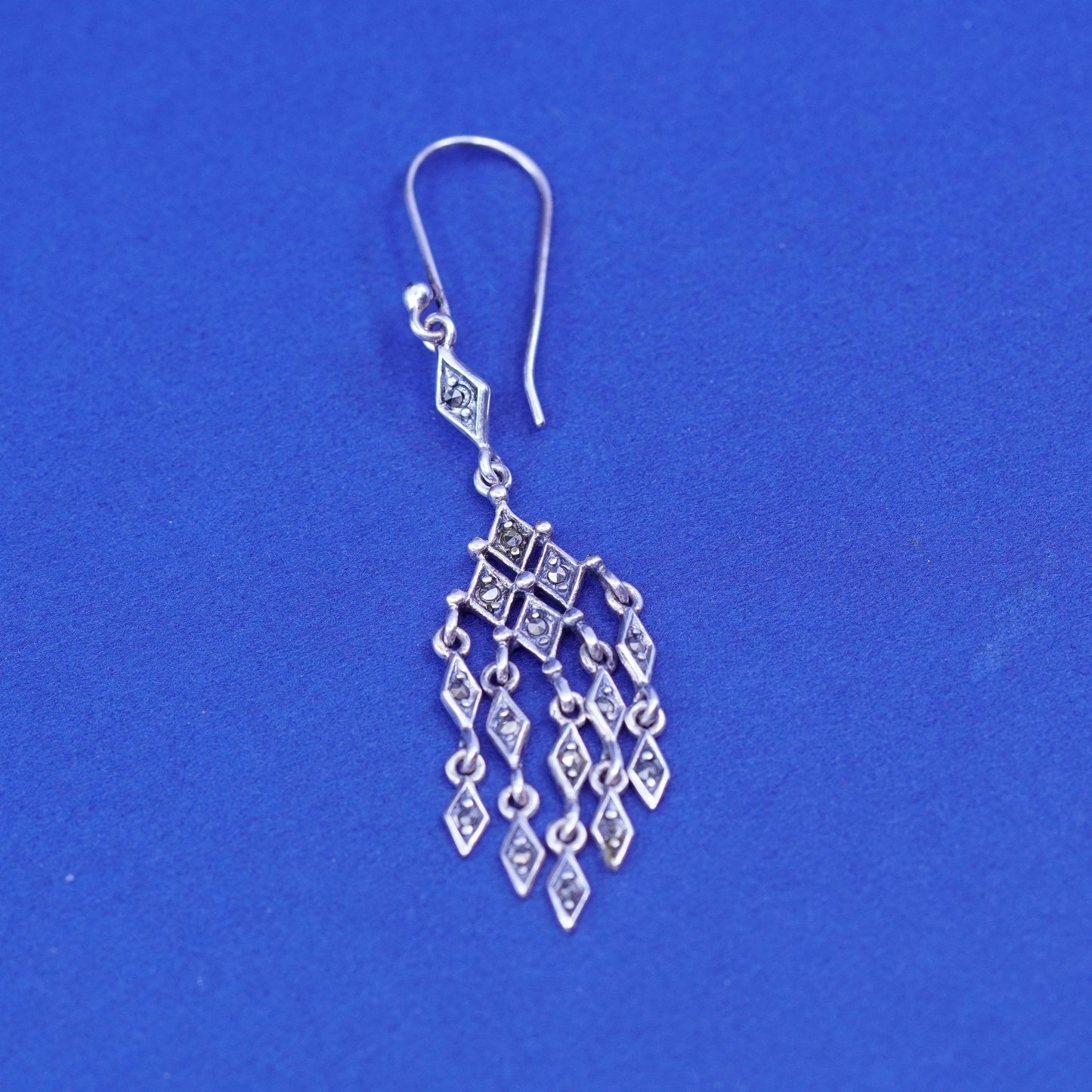 vtg sterling 926 silver handmade diamond shaped fringe earrings with marcasite