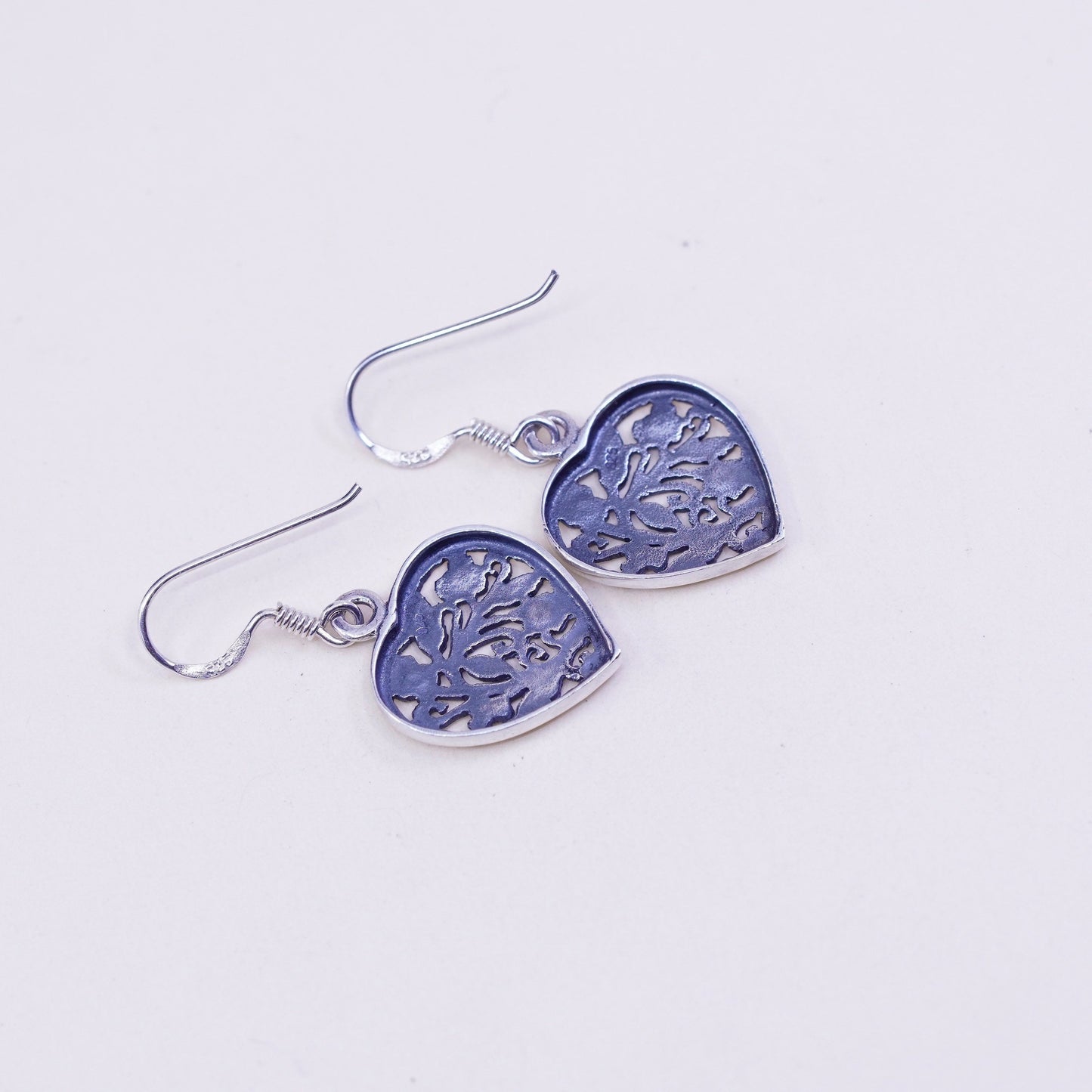 Vintage sterling silver handmade earrings, floral 925 filigree heart