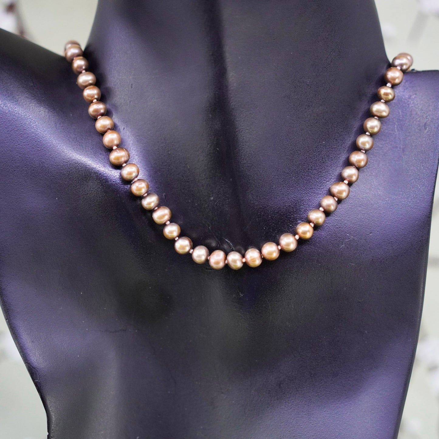 18”,vintage handmade pearl necklace, linen thread with 6mm golden pearl