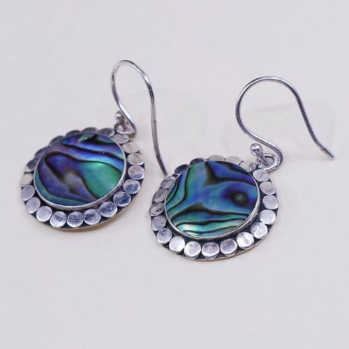 Vtg Sterling Silver Handmade Earrings, 925 Round abalone W/ Beads, Stamped 925