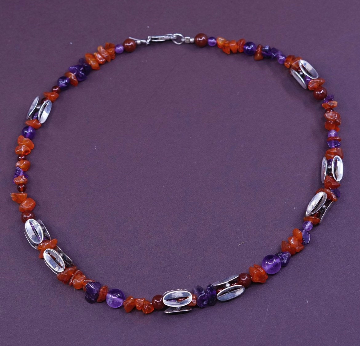 17", Sterling silver handmade necklace, 925 bead w/ Carnelian N amethyst