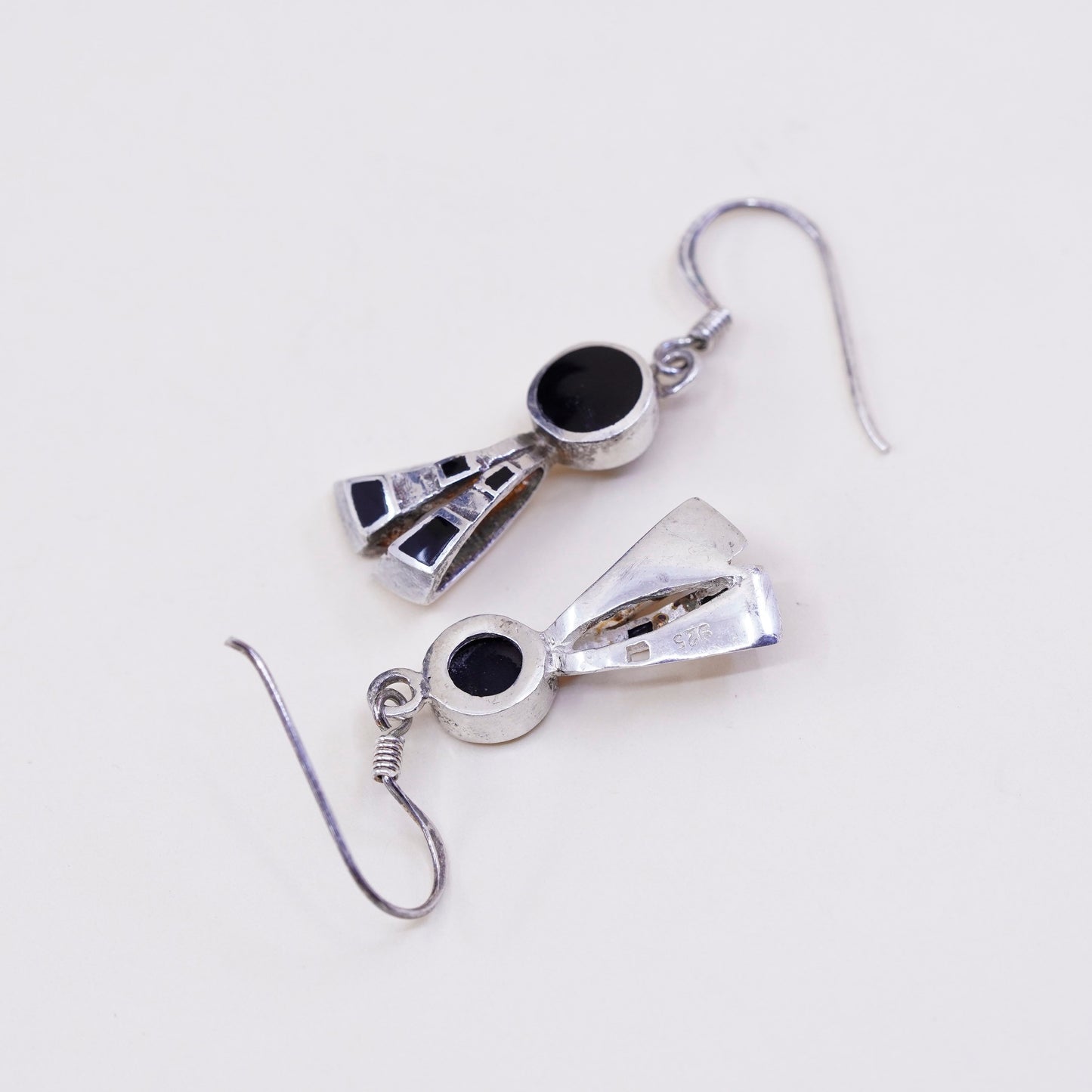 Vintage Sterling 925 silver handmade earrings w/ round obsidian drops, elegant