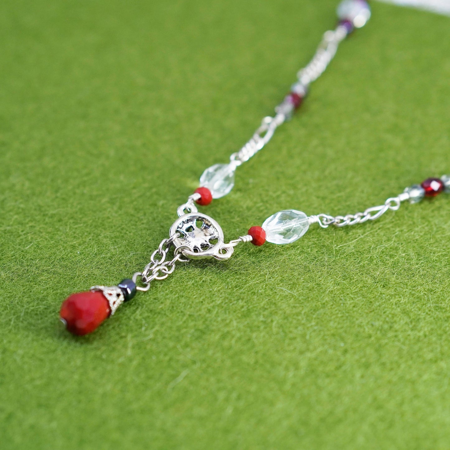 18”, sterling silver necklace, 925 figaro chain red teardrop glass pendant