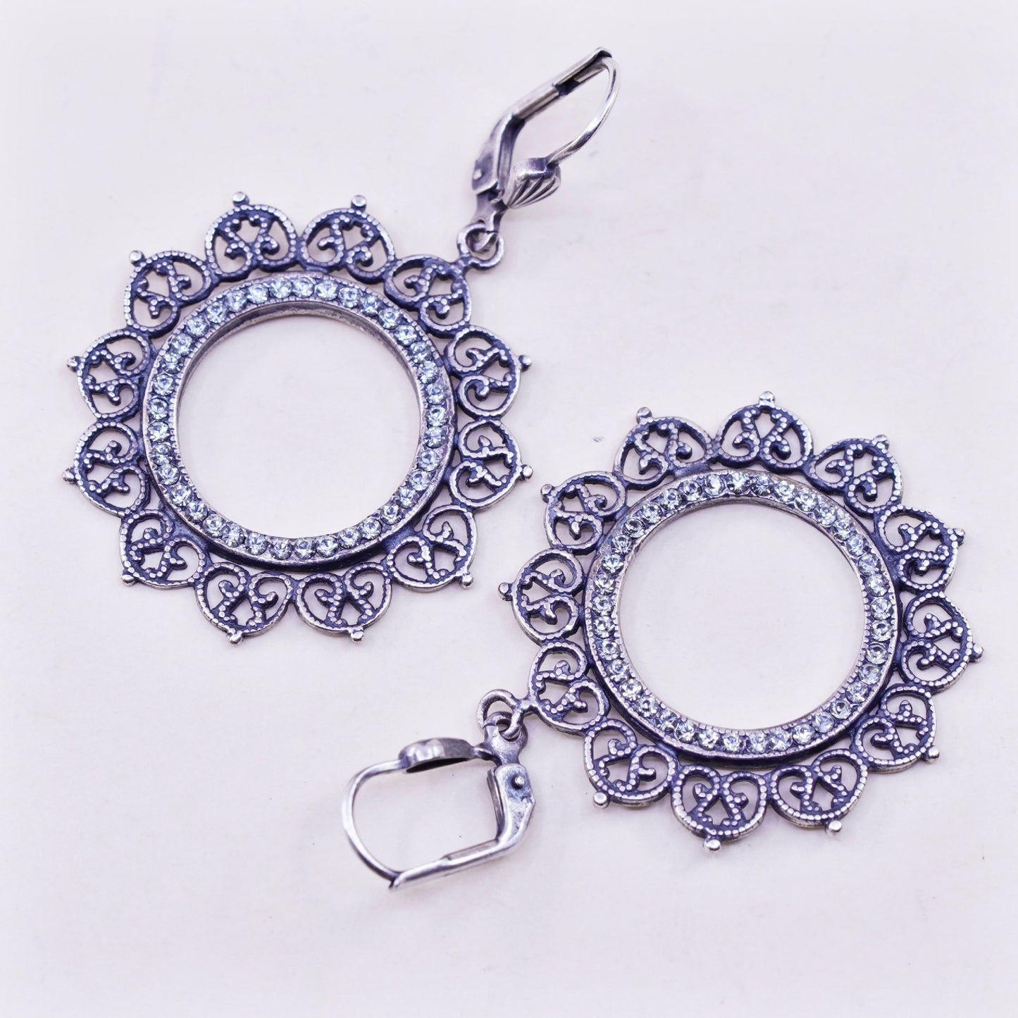 Vintage Sterling silver handmade earrings, 925 filigree circle and cz around
