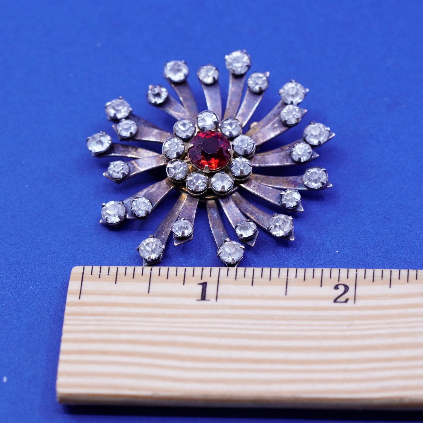 vtg Sterling silver handmade brooch, 1950s 925 flower snowflake pin rhinestone