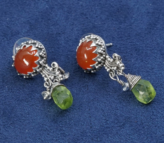 vtg Sterling silver handmade earrings, 925 w/ carnelian N teardrop peridot