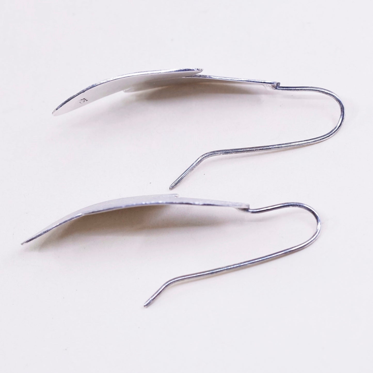vtg Sterling silver handmade earrings, geometric leaf drops, Matt surface