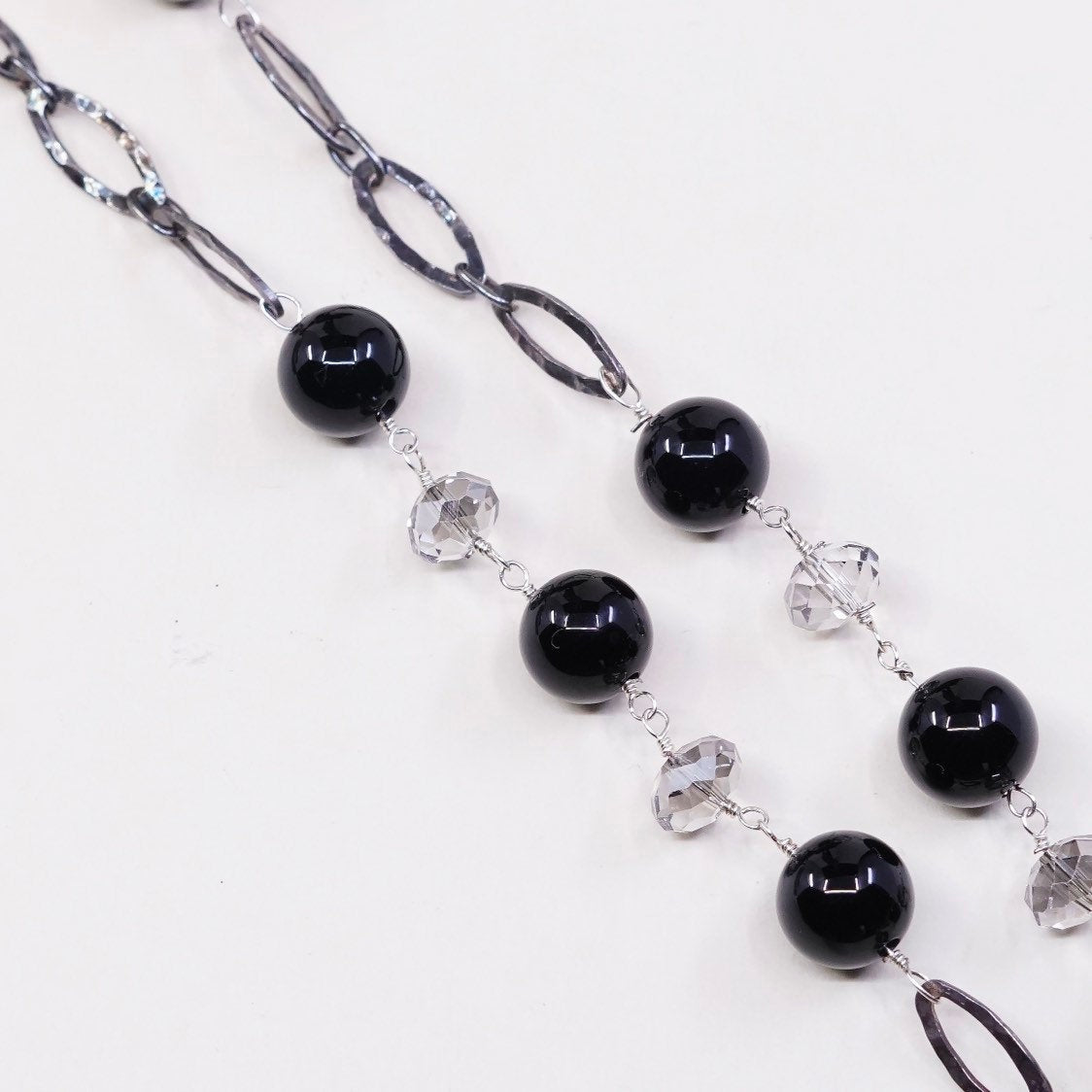 34" sweater Sterling silver handmade necklace 925 flatten chain w/ obsidian