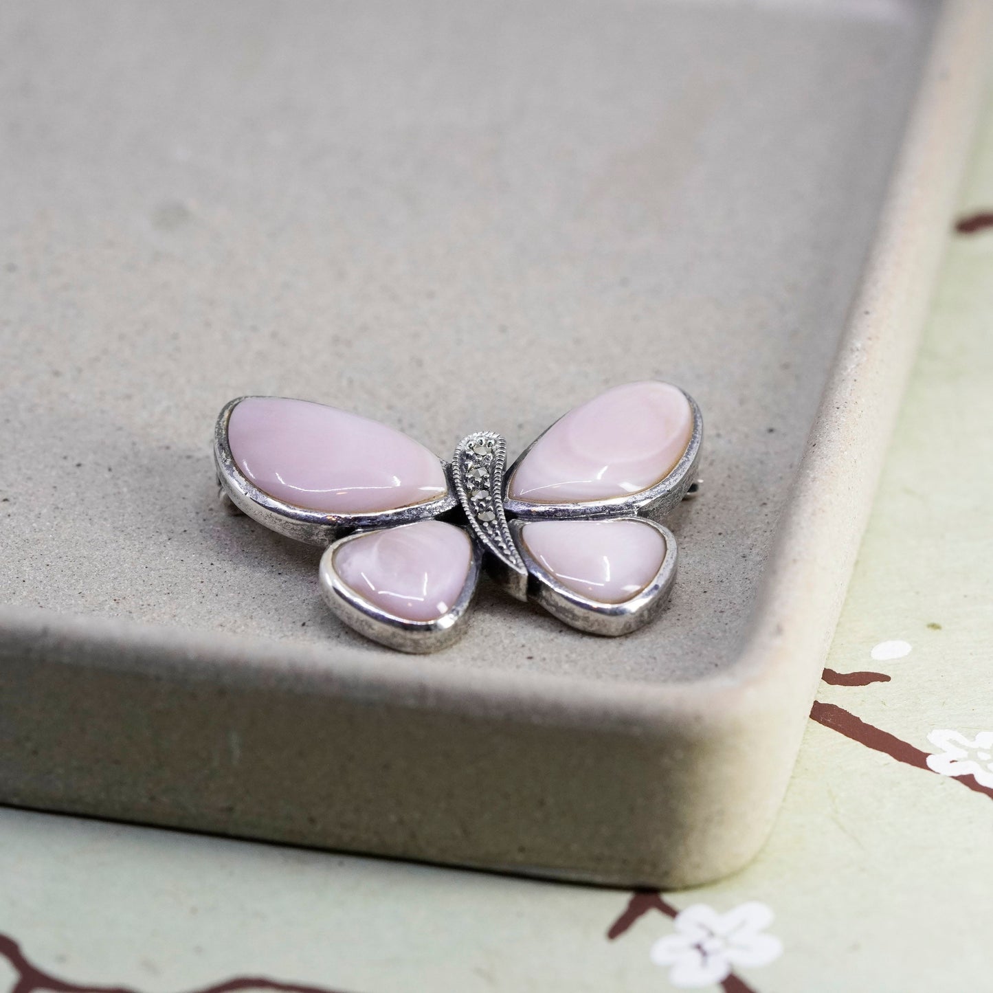 Sterling silver handmade brooch, 925 butterfly pin mother of pearl marcasite