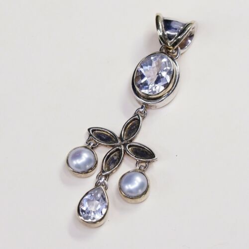 Vtg Sterling Silver Handmade Pendant, 925 Clover W Pearl N Crystal Dangles