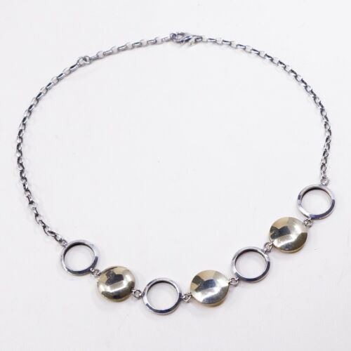 18”, 3mm, Turkey Two Tone 925 Sterling Silver Circle Disc necklace, Stamped 925