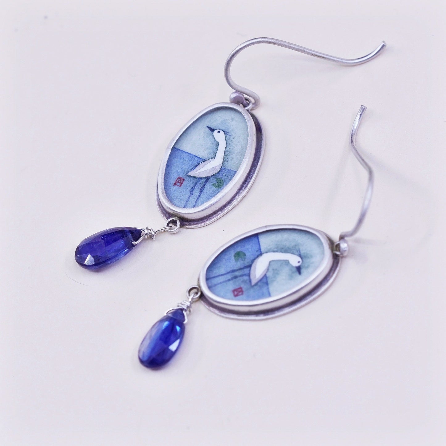 Designer Ananda KHALSA Sterling 925 silver handmade earrings, watercolor white bird Crane in water and kyanite, stamped 925 A